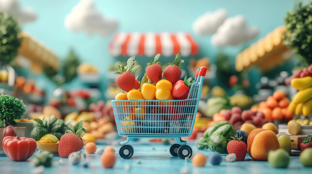 Miniature shopping cart filled with ripe strawberries and colorful bell peppers sitting on bright blue surface, scattered produce blurring supermarket background - Powered by Adobe