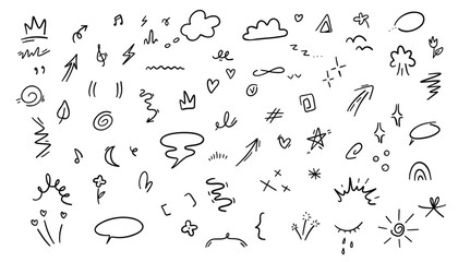Hand drawn doodle sketch arrows, crowns, hearts and other elements Vector illustration.