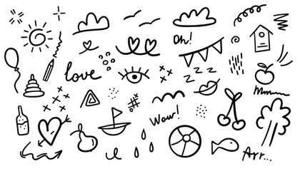 Obraz premium Hand drawn doodle set of kids elements. Vector illustration.