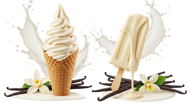 Two vanilla ice cream treats with splashes of milk isolated on transparent background