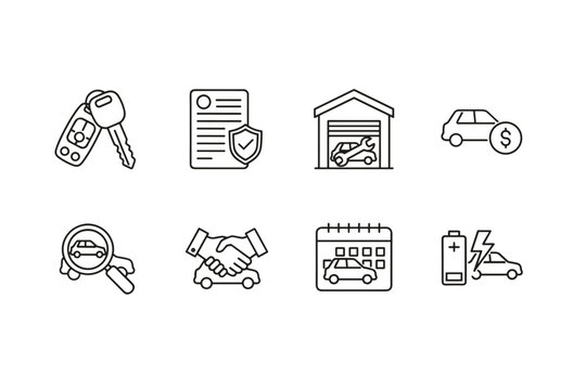Car dealership and auto service thin line icon set. Vector pictograms for buying, selling, and renting a vehicle. Includes icons for insurance, repair, inspection, and EV charging.