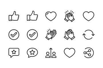 Social media interaction icons set. Thumbs up, heart, clapping hands, check mark symbols, star chat bubbles, user connection, refresh arrows, share icons vector line art