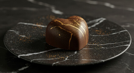 gilded chocolate heart on a black marble plate