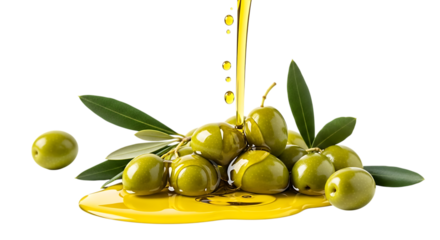 Fresh green olives with oil pouring down isolated on transparent background