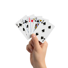 Hand holding royal flush poker cards isolated on a transparent background for use