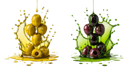 Fresh olives and grapes splashing in oil and juice isolated on transparent background