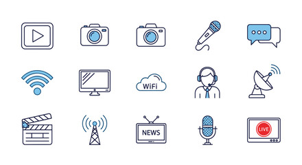 Media communication icon set. Vector line art symbols for technology, broadcast, journalism, internet, and multimedia. Camera, microphone, wifi, live stream, podcast, news.