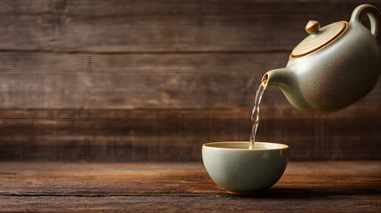 Tea pot pouring into a cup on one side of frame with empty wooden background