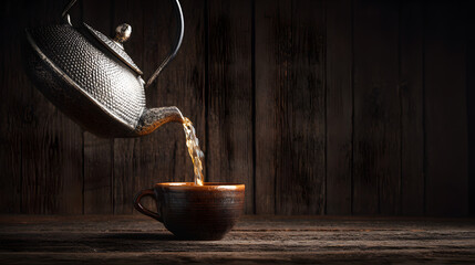 Tea pot pouring into a cup on one side of frame with empty wooden background