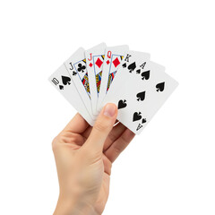 Hand holding playing cards showing a suited royal flush against a clean background