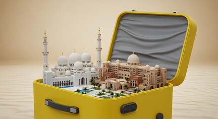 A yellow suitcase filled with Abu Dhabi&rsquo;s Sheikh Zayed Grand Mosque and Emirates Palace