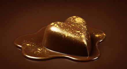 partially melted chocolate heart covered with golden shimmer under bright chiaroscuro light