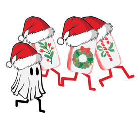 Cute Mahjong tiles dressed as Santa Claus and reindeer running together for a fun Christmas party. Adorable festive illustration perfect for holiday cards, decorations, and digital designs celebrating