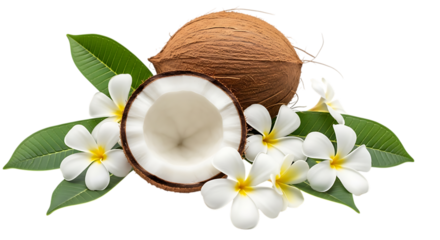 Whole and halved coconut with plumeria flowers and leaves isolated on transparent background