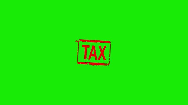 Appearance of a dirty red stamp mark "TAX" surrounded by a rounded frame from above on a green screen with alpha channel