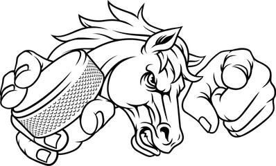 Horse mustang bronco stallion ice hockey angry sports team mascot holding a puck.