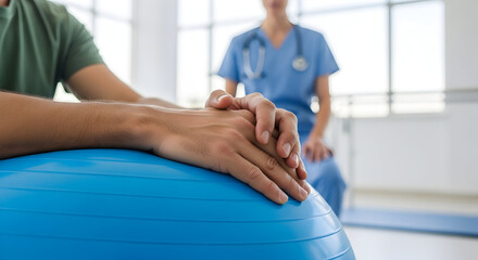 Patient Engaging in Physiotherapy Session with Blue Exercise Ball Guided by Medical Professional in a Contemporary Clinic Setting
