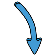 Hand-drawn cartoon blue arrow pointing down on a white background.