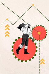 Exclusive image art pop trend collage of happy american guy carry gift bag arrow gearwheel celebration holly jolly miracle