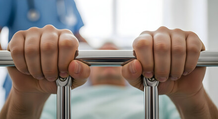 Close-Up of Patient's Hands Gripping Hospital Bed Rails in a Medical Environment Conveying Tension and Anxiety During Healthcare Treatment