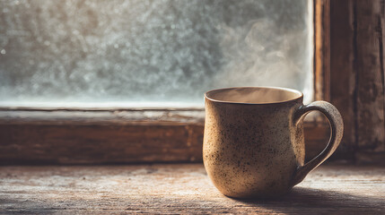 Vintage mug with steam near window sill, large soft background