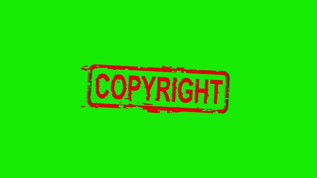 Appearance of a dirty red stamp mark "COPYRIGHT" surrounded by a rounded frame from above on a green screen with alpha channel