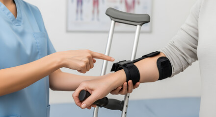 Patient Receiving Physiotherapy Guidance for Arm Injury During Rehabilitation with Crutches and Medical Professional in Clinic Setting