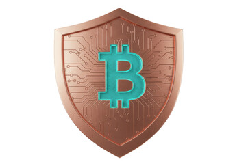 Bitcoin symbol on shield isolated, cryptocurrency security concept in 3D rendering Digital currency protection, blockchain technology, financial safety, PNG