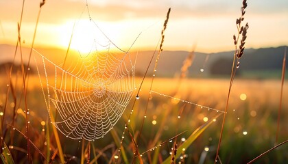 Golden sunrise illuminates a delicate spiderweb adorned with glistening dewdrops in a tranquil meadow, evoking a sense of peace, wonder, and the quiet beauty of nature's artistry