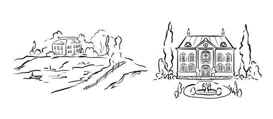 Set of countryside landscapes with old manor house, trees, and garden fountain. Whimsical quickly sketched vector line art for wedding stationery, journaling, storytelling and vintage design projects. © Eva Gentle