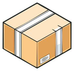 Isometric Illustration of a Closed Cardboard Shipping Box with Tape and Label