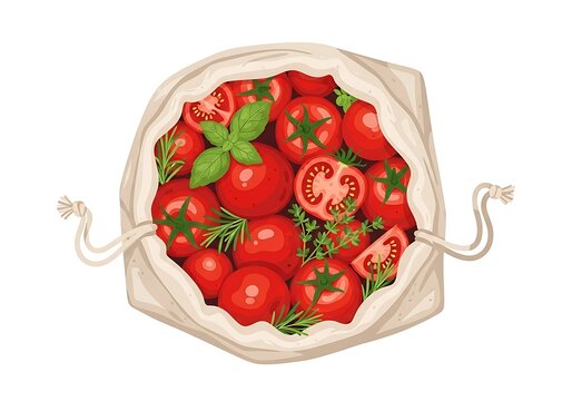 Red ripe tomatoes with fresh herbs in reusable fabric produce bag overhead view white background