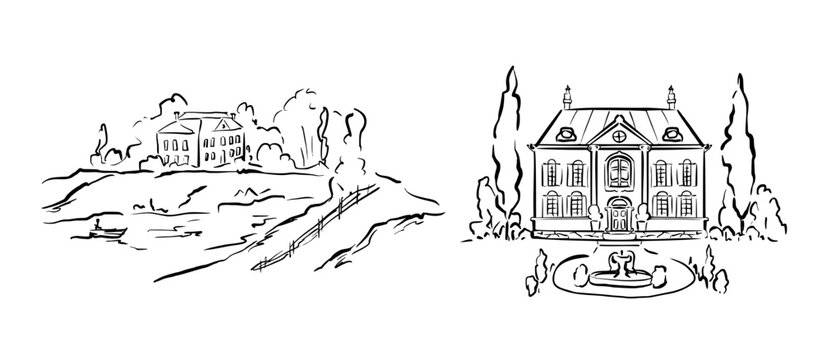 Set of countryside landscapes with old manor house, trees, and garden fountain. Whimsical quickly sketched vector line art for wedding stationery, journaling, storytelling and vintage design projects.