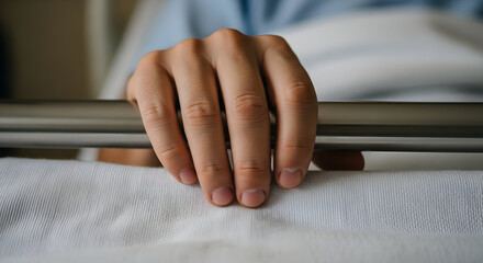 Obraz premium Close-Up of a Patient's Hand Gripping the Side Rail of a Hospital Bed Symbolizing Recovery and Support in a Healthcare Environment
