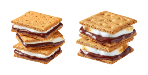 Gooey S'mores stacked high, warm chocolate melting over toasted marshmallow, a classic campfire treat PNG set with transparent background