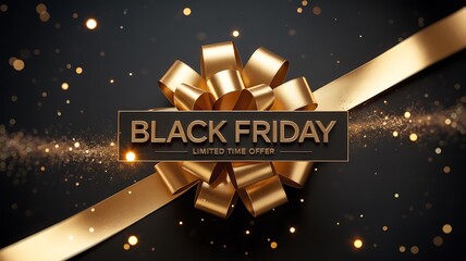Black Friday sale banner with luxury gold bow and glitter background, elegant holiday shopping promotion design
