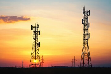 Telecommunication towers silhouetted against a vibrant sunset sky near a rural landscape