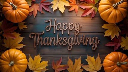 Happy Thanksgiving greeting with pumpkins and autumn leaves on wooden background, festive fall decoration and seasonal holiday celebration concept 
