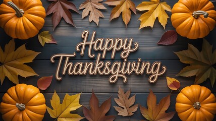 Happy Thanksgiving greeting with pumpkins and autumn leaves on wooden background, festive fall decoration and seasonal holiday celebration concept 
