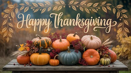 Rustic Thanksgiving still life with colorful pumpkins, autumn leaves, and Happy Thanksgiving text in elegant script over blurred fall background
