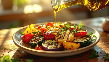 Close up of a plate of grilled vegetables with fresh herbs drizzled with olive oil and bathed in warm natural sunlight