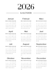Minimalist German 2026 year calendar single vertical page template with12 month. Layout deutsch yearly planner with elegant typography