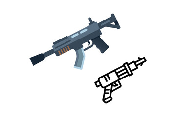 Isometric assault rifle illustration with a contrasting line art silhouette