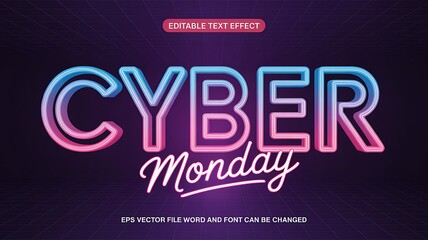 Cyber Monday neon glowing text effect with blue and pink light on dark background, editable typography vector design
