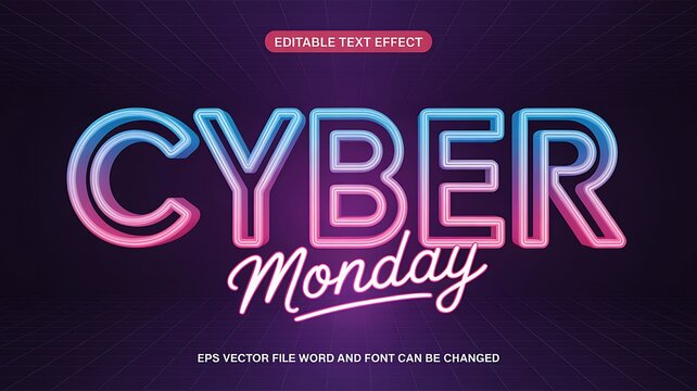 Cyber Monday neon glowing text effect with blue and pink light on dark background, editable typography vector design
