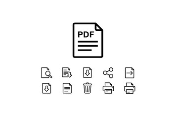 PDF File Icons Set with Document Search, Download, Print, Share, Delete Symbols for Digital Document Management and Workflow
