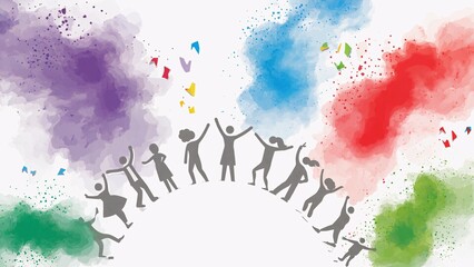 Obraz premium Minimalist Holi scene icon with friends standing in colorful clouds on white