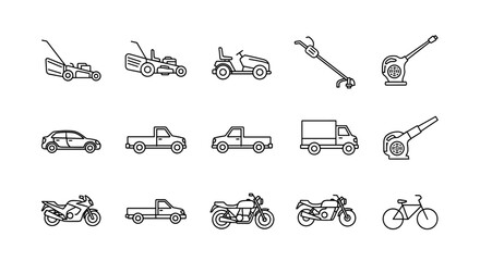 Lawn mower and garden equipment icons set with car, pickup, truck, motorcycle, and bicycle vector line illustrations for landscaping, vehicle, and transport concepts