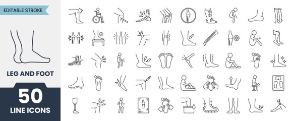 Leg and foot line icons set with editable stroke. Containing orthopedic, medical, injury, pain, joint, health and more. Vector illustration