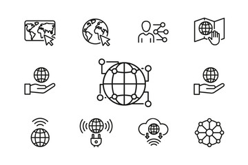 Global network connection icons set, digital world map pointers, internet technology, wireless data transfer, cloud computing, user sharing, and connected globe illustration kit